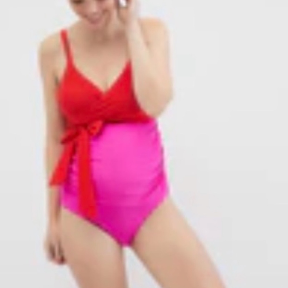 Motherhood Maternity Red and Hot Pink One-Piece Maternity Swimsuit